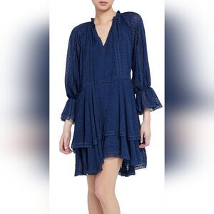Alice + Olivia Sapphire Blue Double Handkerchief Hem Tunic Dress, Tie Neck | 8